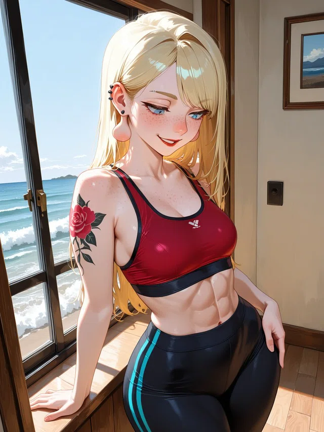 Smiling blonde anime character in red and black athletic wear beside an ocean-facing window, with freckles and a rose tattoo.