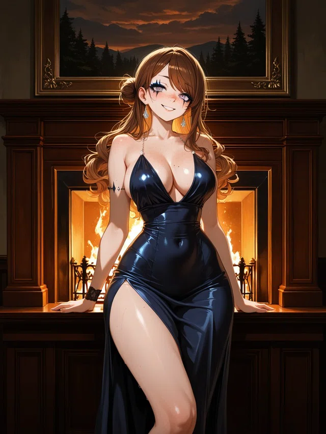 Smiling anime figure with long brown curls in a glossy dark gown, leaning against a mantel before a glowing fireplace.