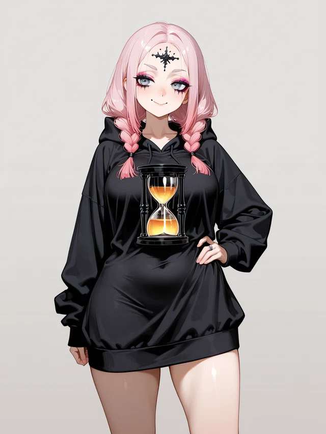 Pink-haired anime character in black hoodie with hourglass graphic, smiling with hand on hip.