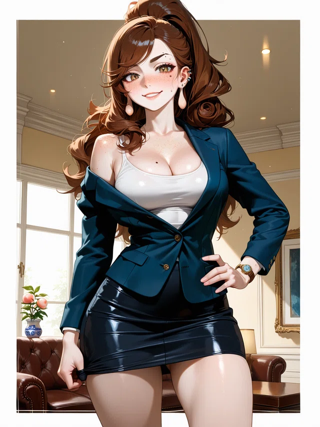 Anime woman with brown hair in a blazer and shiny skirt, posing indoors near a window.