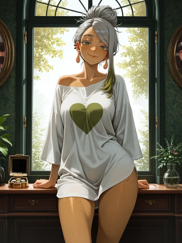 Anime portrait of a woman with silver grey hair and a soft closed-lip smile
