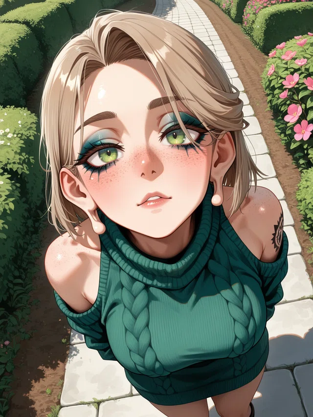 Anime portrait of a woman with light brown hair and a calm neutral gaze straight into the lens