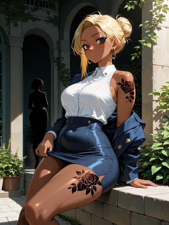 Anime figure with blonde hair in a bun and rose tattoos, wearing a white blouse and blue skirt while seated in a leafy stone courtyard.