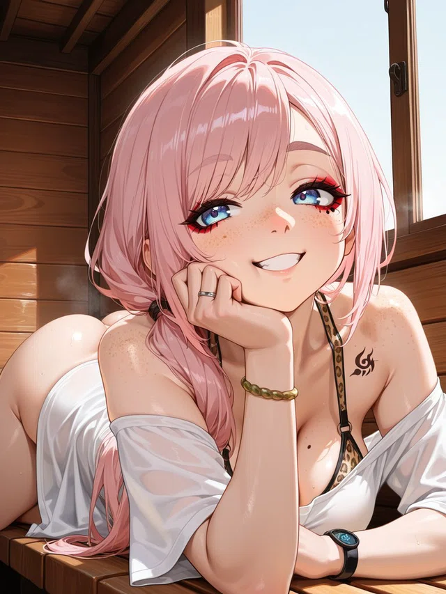 Smiling pink-haired anime character resting her cheek on one hand beside a window in a wooden room.