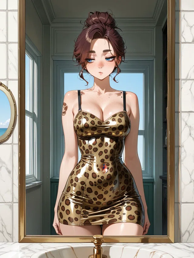 Anime character with a brown updo and blue eyes, wearing a shiny leopard-print dress in a gold-framed bathroom mirror.
