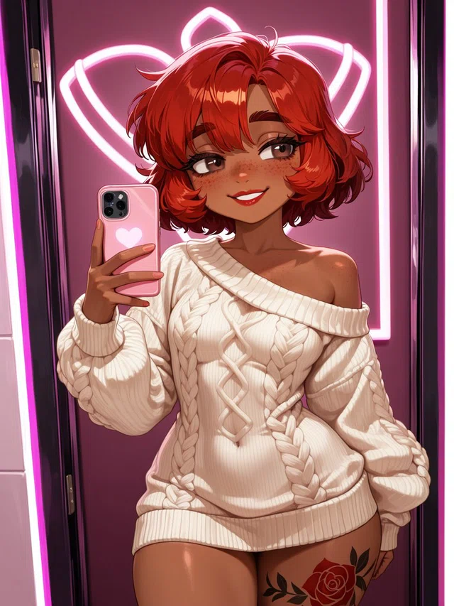 Smiling anime character with short red hair and freckles holds a pink phone, wearing an off-shoulder cream sweater against pink neon lights.