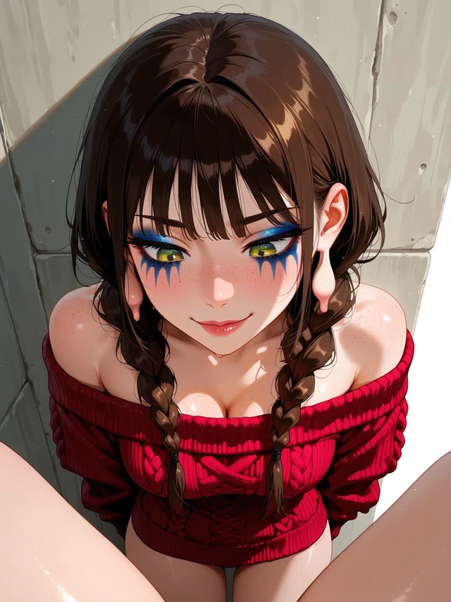 Anime portrait viewed from above, with brown braids, yellow-green eyes, blue eye makeup, and a red off-the-shoulder sweater.