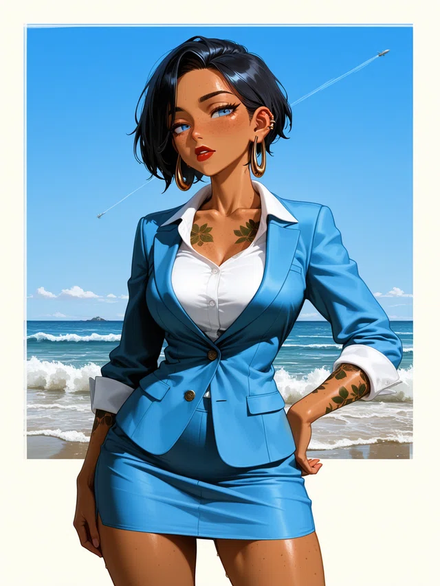 Anime portrait of a woman with jet black hair and an unguarded laugh