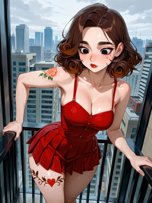 Anime-style figure with curled brown hair and a red dress leaning on balcony railings above a city skyline.