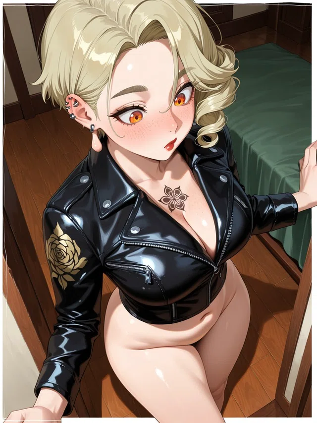 Anime portrait viewed from above of a blonde figure with orange eyes, ear piercings, and a glossy black cropped jacket beside a green bed.