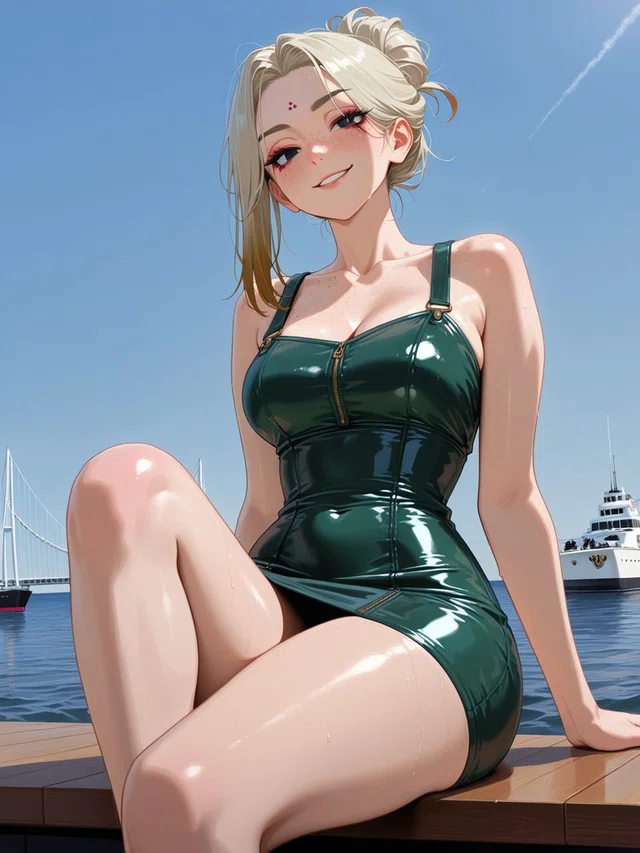 Smiling anime character with blonde hair in a loose bun, wearing a glossy dark green dress while seated on a dock beside blue water.