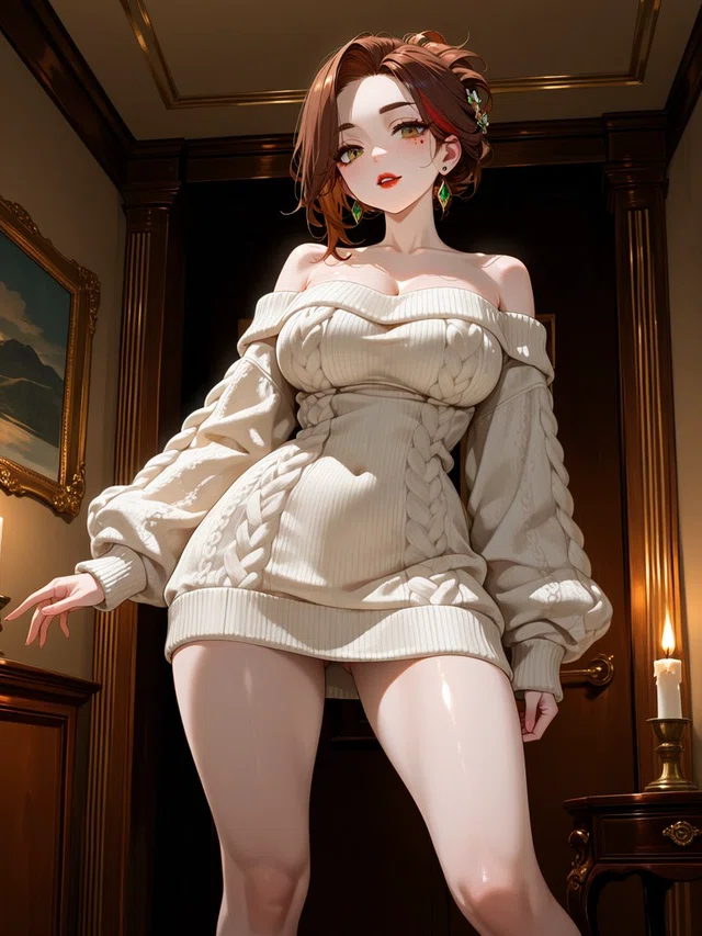 Anime-style figure with brown hair and green earrings wearing a cream cable-knit sweater dress in a dark, candlelit wood-paneled room.