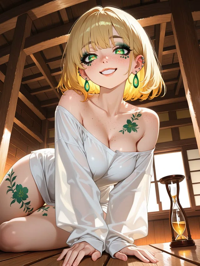 Smiling blonde anime character in a white off-shoulder outfit, leaning forward in a sunlit wooden room beside an hourglass.