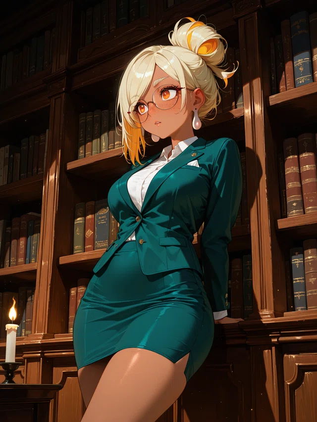 Blonde anime woman in teal suit leaning in a library with candlelight