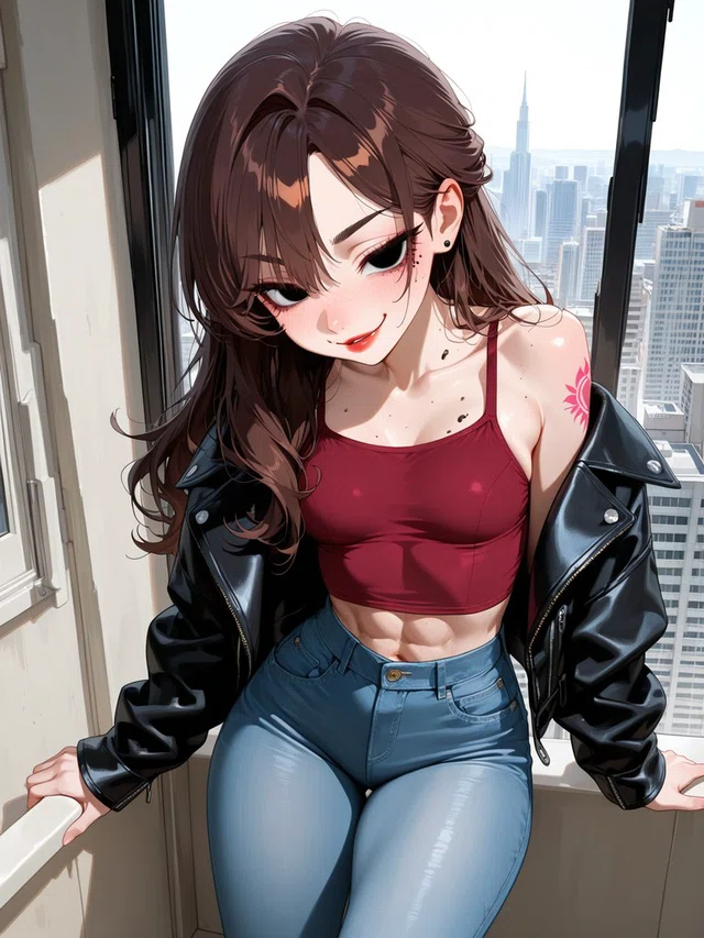 Anime character with long brown hair and a slight smile, wearing a burgundy crop top, black jacket, and blue jeans beside a city-view window.