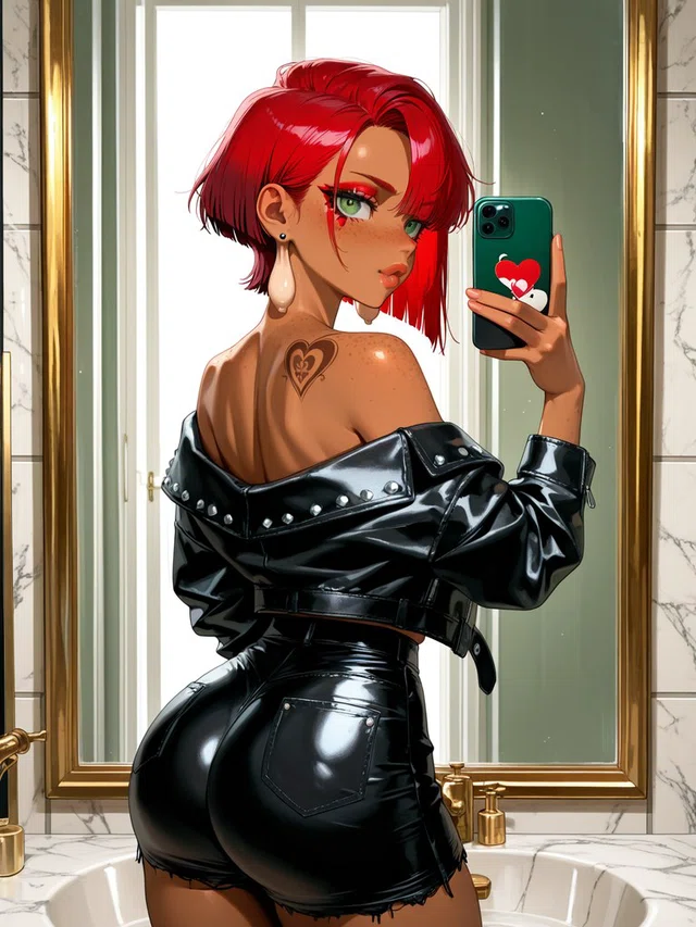 Red-haired anime character taking a mirror selfie in a glossy black jacket and shorts, with a heart-shaped upper-back tattoo.