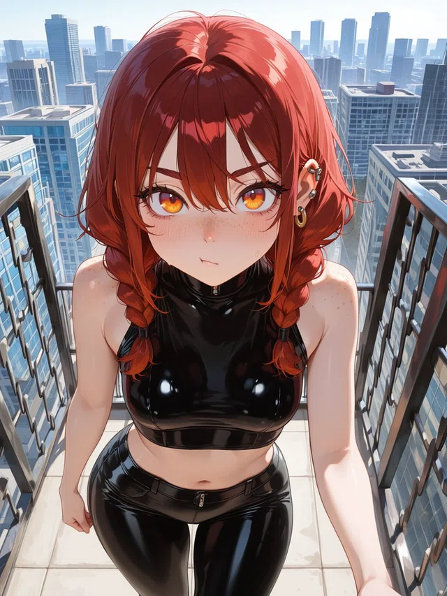 Anime portrait of a red-haired character with two braids and amber eyes, wearing glossy black clothing on a balcony above a city.
