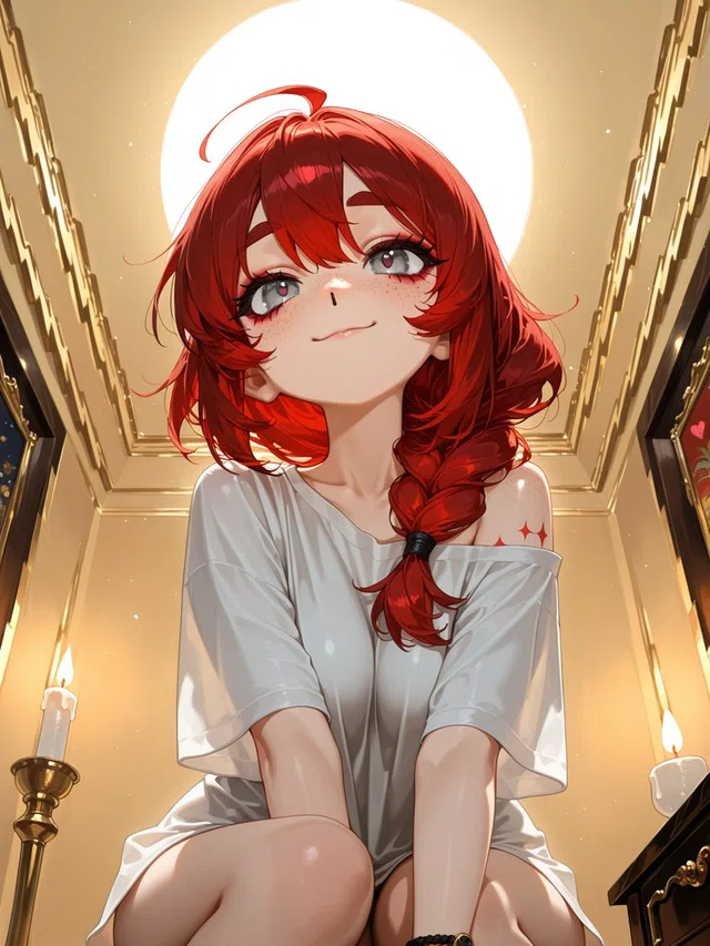 Anime portrait of a smiling, red-haired figure with a side braid, wearing a loose white shirt in a gold-toned room lit by candles.