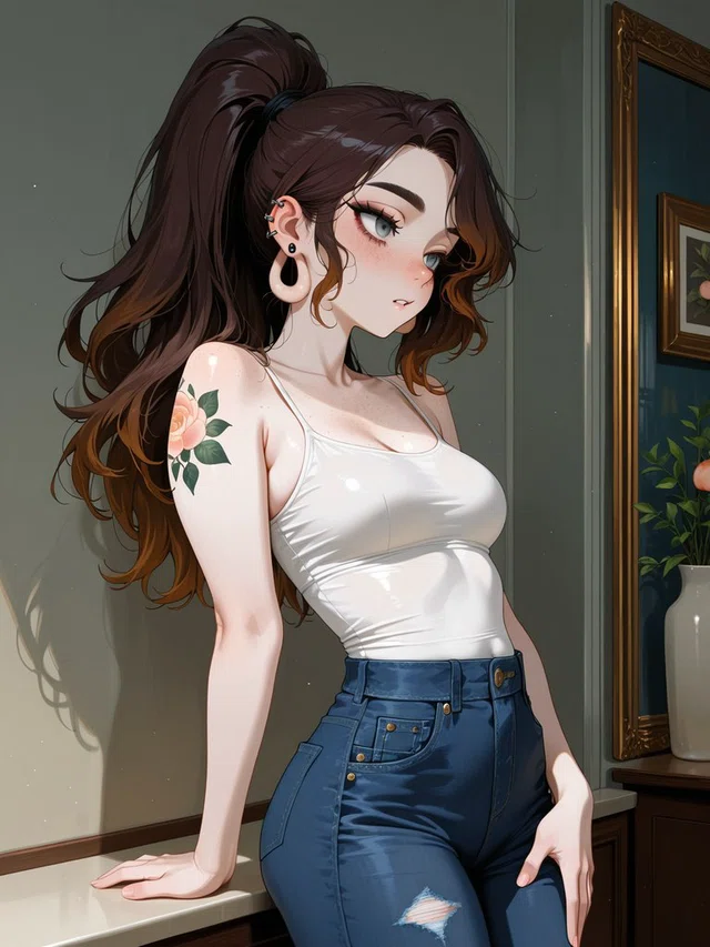 Anime character with a long brown ponytail, white camisole, blue jeans, ear jewelry, and a floral shoulder tattoo leaning against a counter.