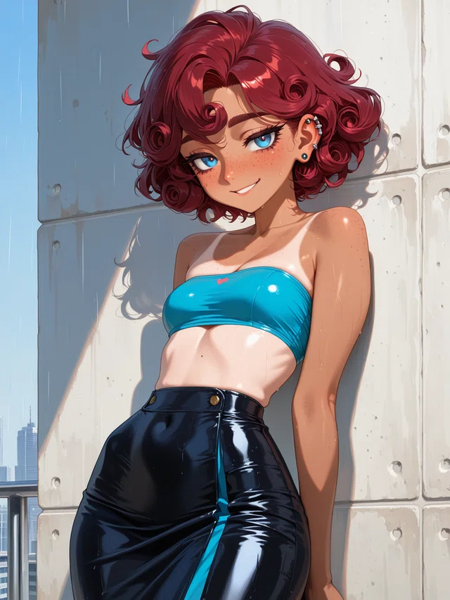Anime-style character with curly red hair, blue eyes, and a bright blue top, leaning against a wall in rain.