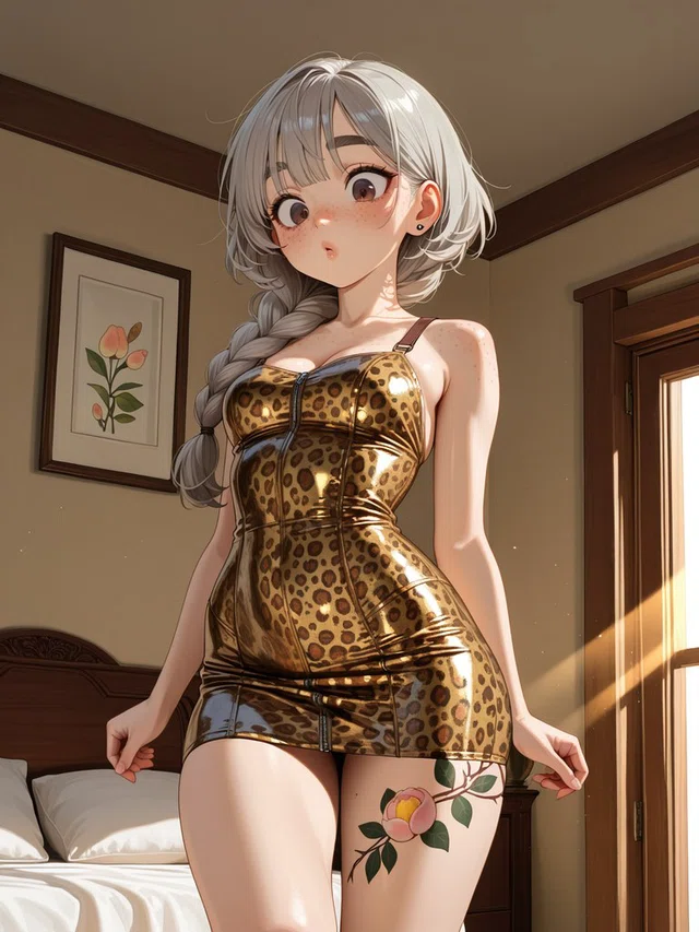 Anime character with silver braided hair and a shiny leopard-print dress standing in a sunlit bedroom.