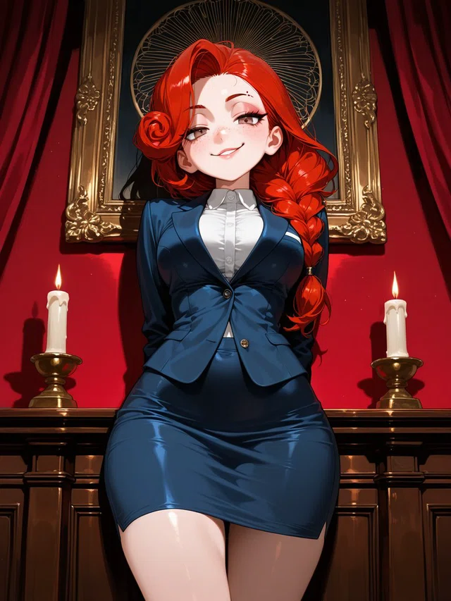 Anime portrait of a smiling red-haired character in a navy skirt suit, framed by red curtains, gold ornamentation, and two lit candles.