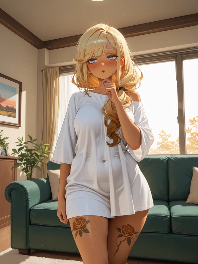 Blonde anime figure in an oversized white shirt, with blue eyes, freckles and rose thigh tattoos, standing before a green sofa.