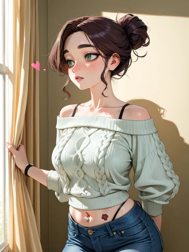 Anime-style woman with brown hair in a bun, green eyes, and a cable-knit sweater, standing by a sunlit window with pink hearts.