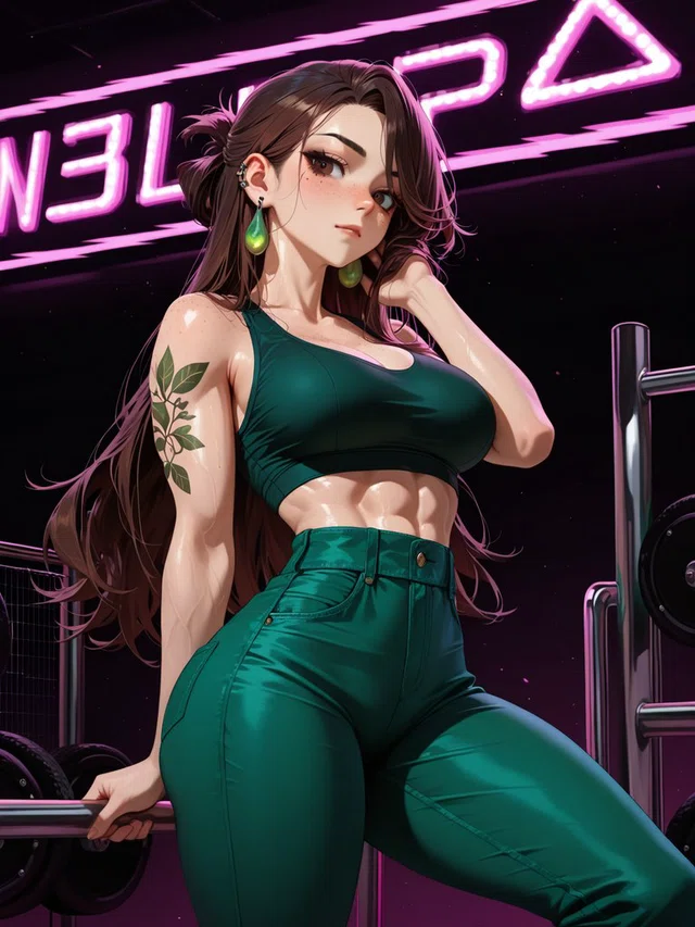 Anime-style figure with long brown hair, teal clothing, green earrings, and a leafy arm tattoo poses beside gym weights under pink neon lights.