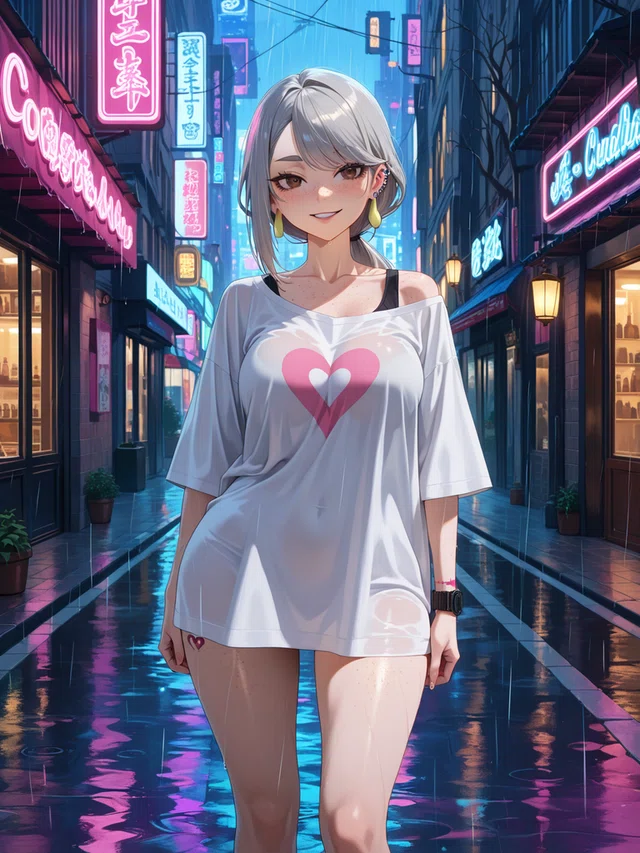 Anime portrait of a woman with silver grey hair and a bright open smile