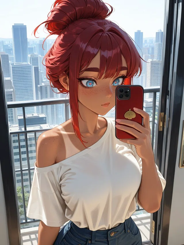 Anime portrait of a red-haired character with blue eyes and freckles holding a red phone beside a window overlooking skyscrapers.