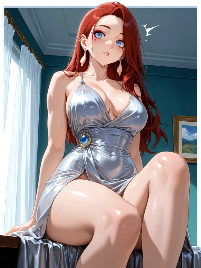 Anime character with long red hair and blue eyes, seated in a draped silver dress beside a curtained window.