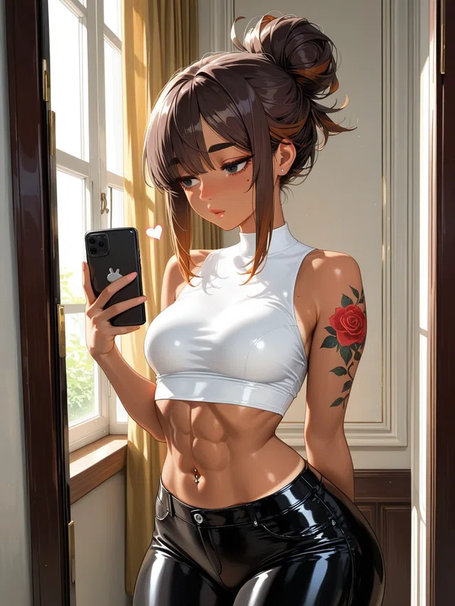 Anime character with brown hair in a high bun holding a phone beside a sunlit window, wearing a white crop top and glossy black pants.