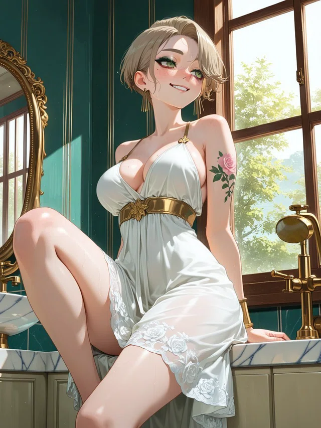 Smiling anime character with short blonde hair, green eyes, and a white dress sitting on a marble counter beside a sunlit window.