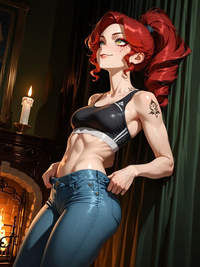 Smiling red-haired anime figure in a black cropped athletic top and blue jeans beside a lit fireplace and candle.