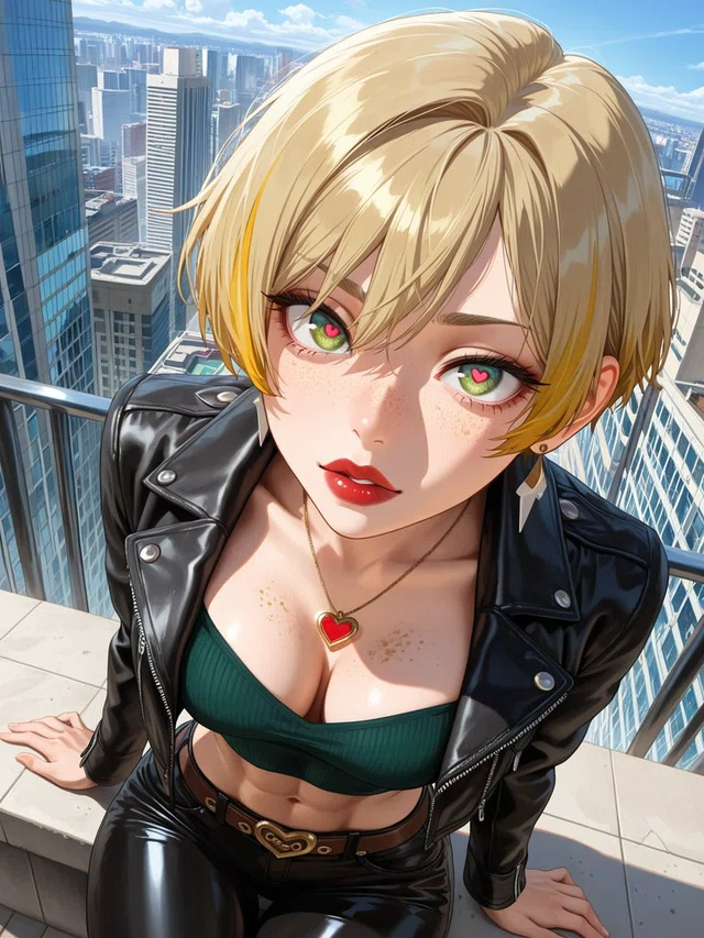 Anime portrait of a short-haired blonde figure with green eyes, a black leather jacket, and a green crop top above a city skyline.
