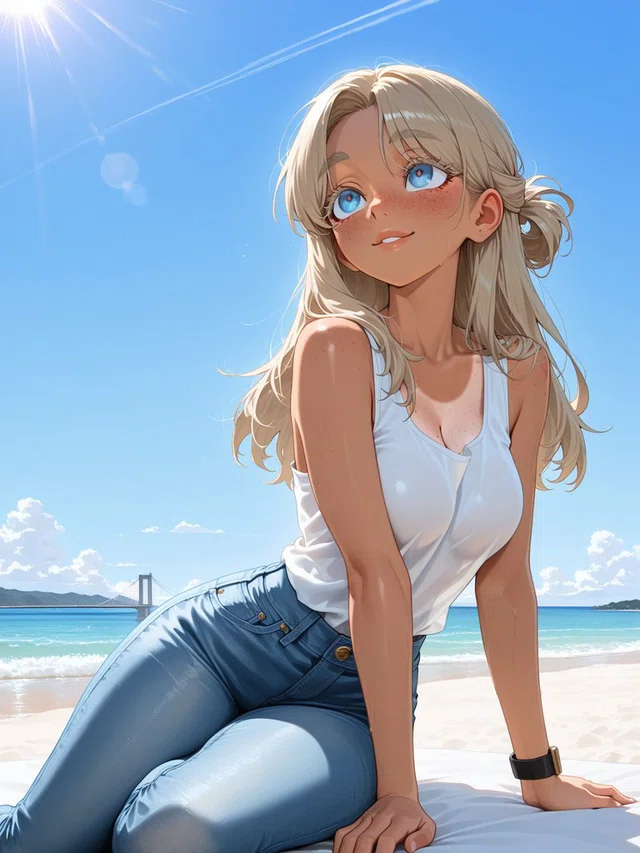 Smiling blonde anime character in a white sleeveless top and blue jeans, seated beside a sunny beach with turquoise water.