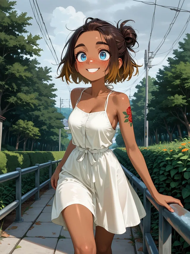 Smiling anime character with blue eyes and brown-to-golden hair, wearing a white sundress beside a railing on a leafy path.