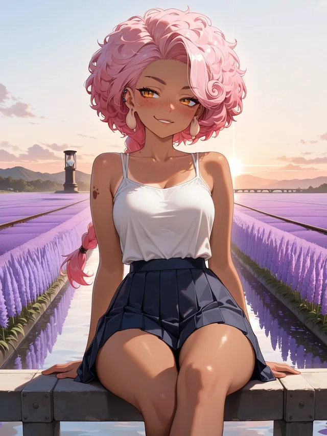 Smiling anime character with curly pink hair, golden eyes, a white camisole, and dark shorts, seated beside purple flower fields at sunset.