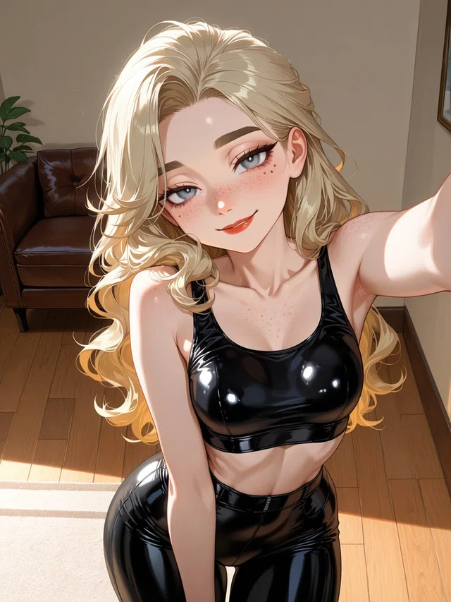 Smiling anime character with long blonde curls and freckles, wearing a glossy black crop top and pants in a sunlit room.