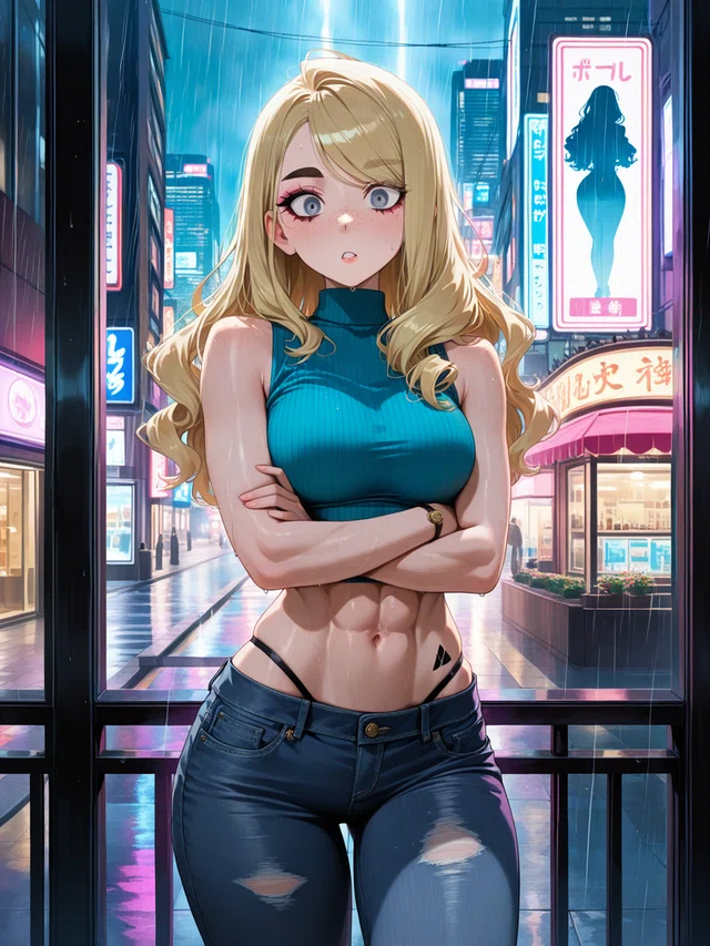 Blonde anime woman in teal top and ripped jeans, arms crossed under rain in neon city