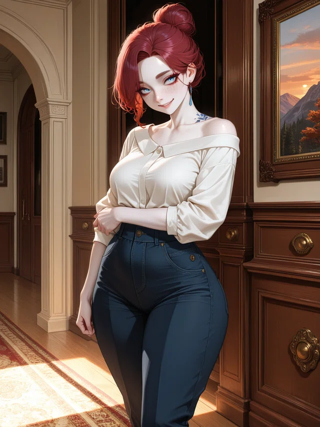 Anime portrait of a woman with burgundy red hair and a bright open smile