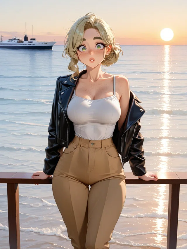 Anime figure with blonde hair and wide green eyes leans against a seaside railing, wearing a black jacket, white top, and tan trousers.