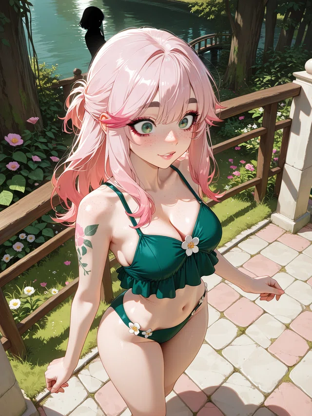 Pink-haired anime girl in green bikini with flower details, standing on a stone path near a wooden railing and pond.