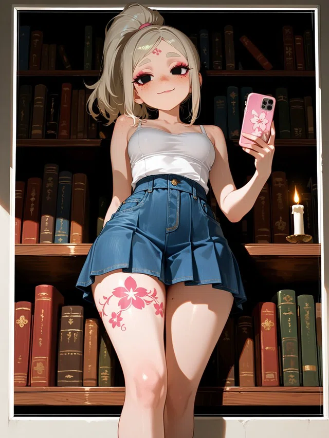Smiling anime character with a blonde ponytail, white camisole, and blue denim skirt holding a pink phone before bookshelves.