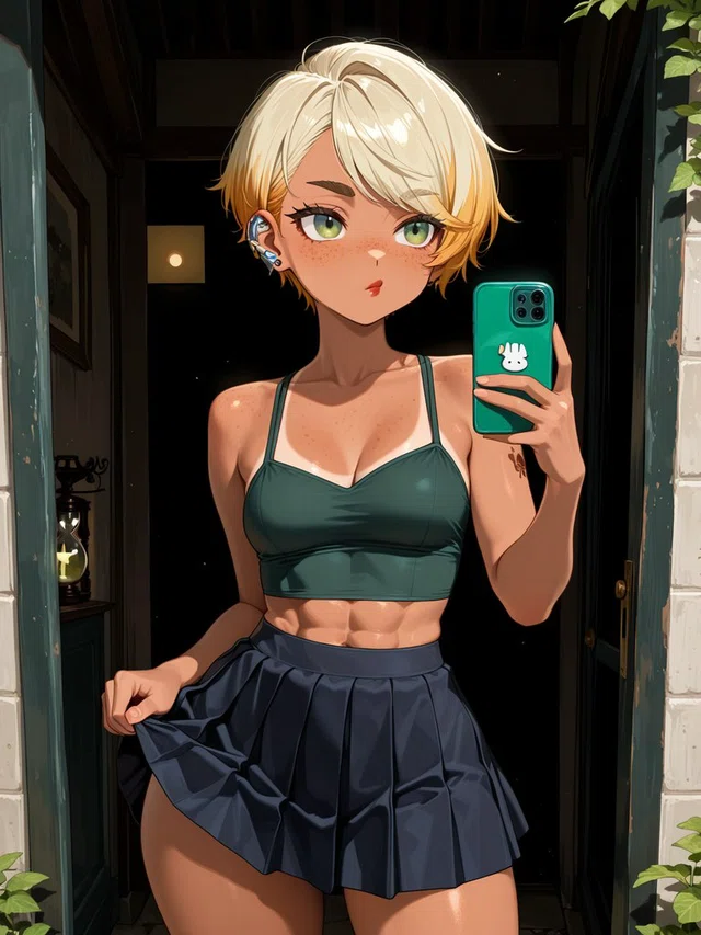Anime portrait of a short-haired blonde figure holding a teal phone, wearing a dark green crop top and navy pleated skirt in a doorway.