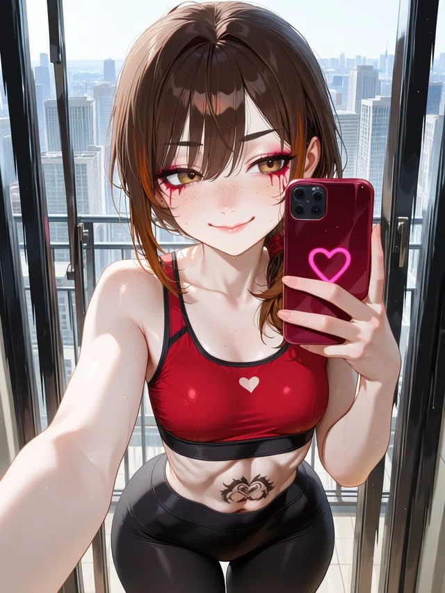 Smiling brown-haired anime character holding a red phone, wearing a red athletic crop top and black leggings beside windows overlooking a city.