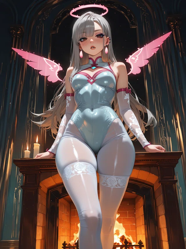 Anime-style figure with silver hair, pink wings, and a halo, standing before a fireplace.