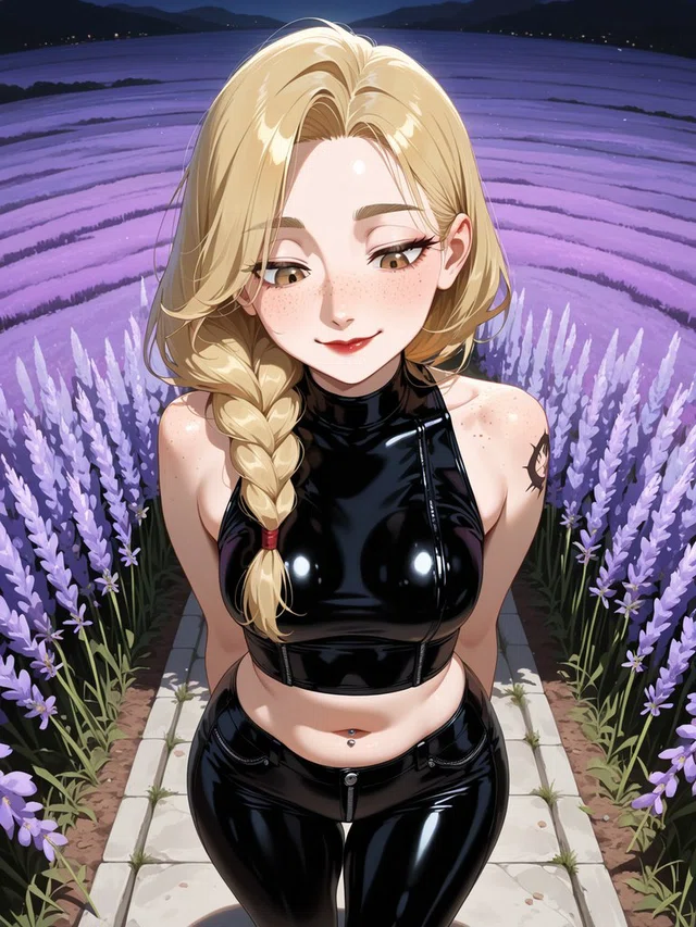 Anime portrait of a smiling blonde character with a side braid and glossy black outfit on a path through purple flowers.