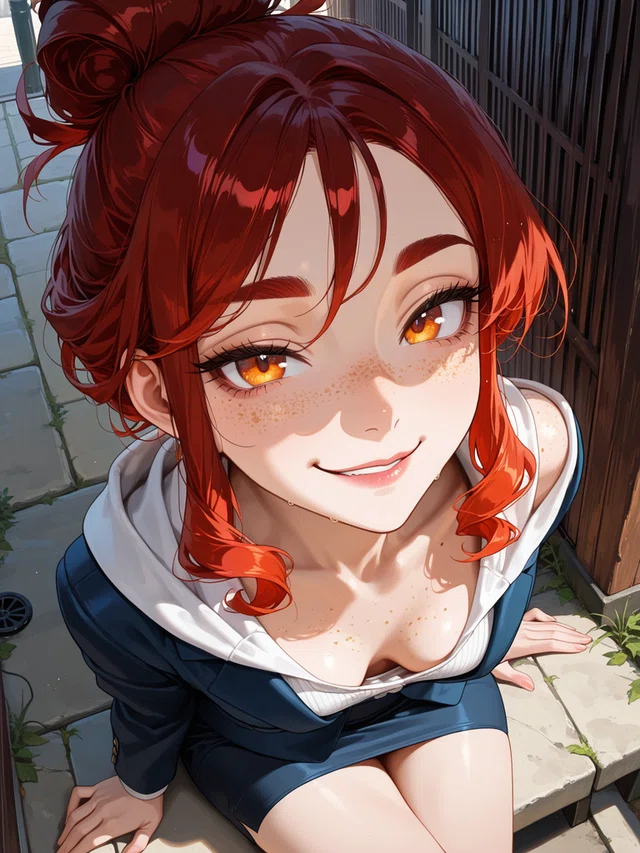 Anime-style portrait of a smiling character with red hair in a high bun, wearing a blue jacket over a white hoodie, seated outdoors.